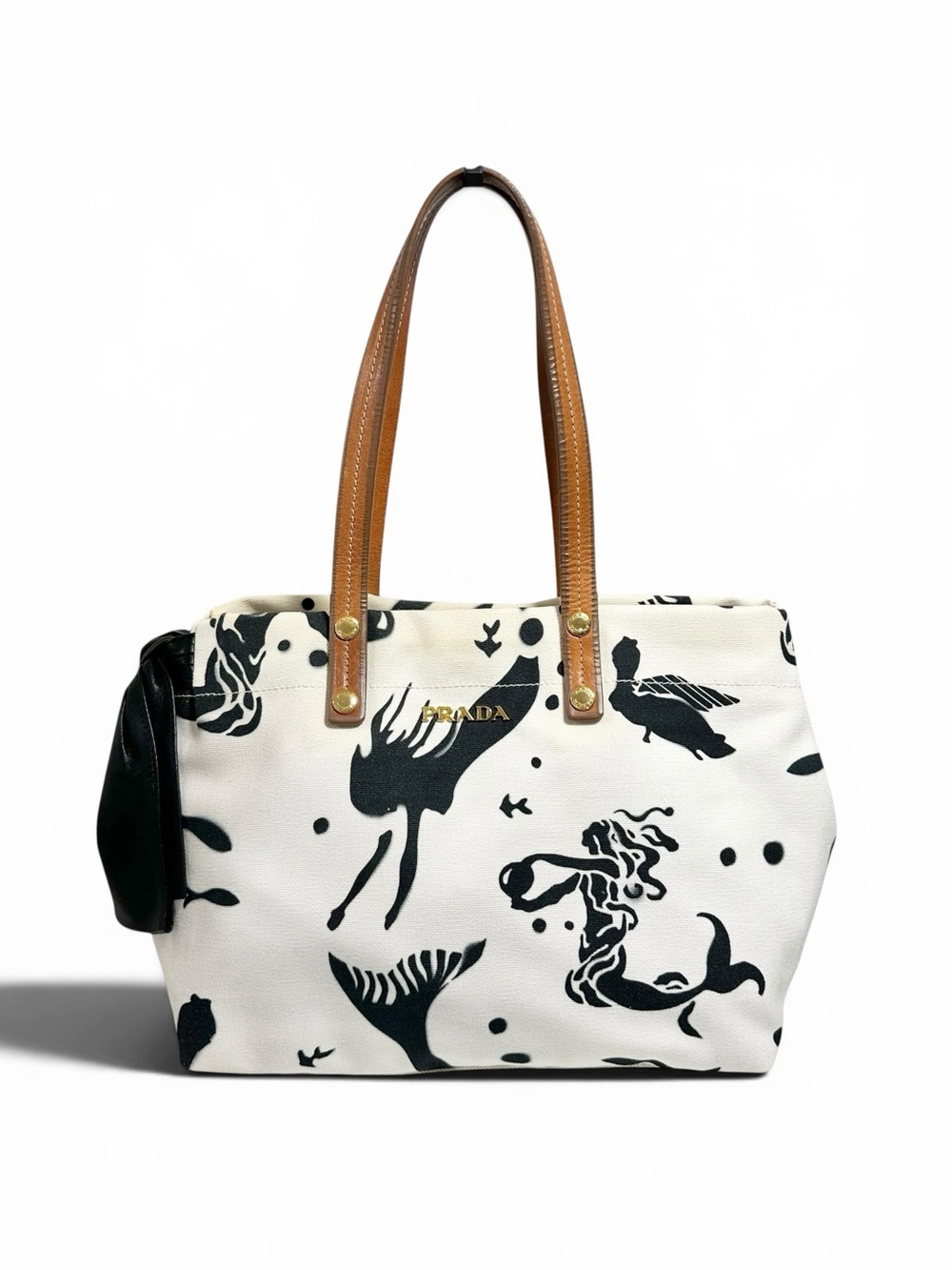 Prada White & Black Mermaid Stampata Canapa & Leather Bow Stampada Bag